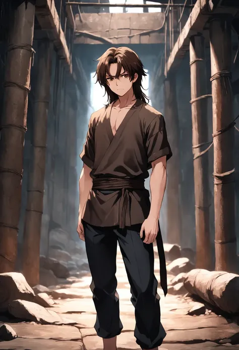 8k realistic image of handsome man, 25 years old, long brown hair, brown eyes, hateful expression, dressed in simple black casual shirt, black bandages wrapped around his arms, standing in a large rustic underground dungeon