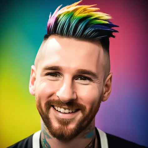 analog style, modelshoot style, portrait of sks man (messi:1) smiling with the ok sign by Flora Borsi, style by Flora Borsi, bold, bright colours, rainbow Mohawk haircut, ((Flora Borsi))