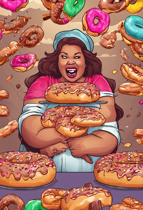 fat woman being attacked by sweets. donuts trapping your hands and chocolates going into your mouth. funny realistic style