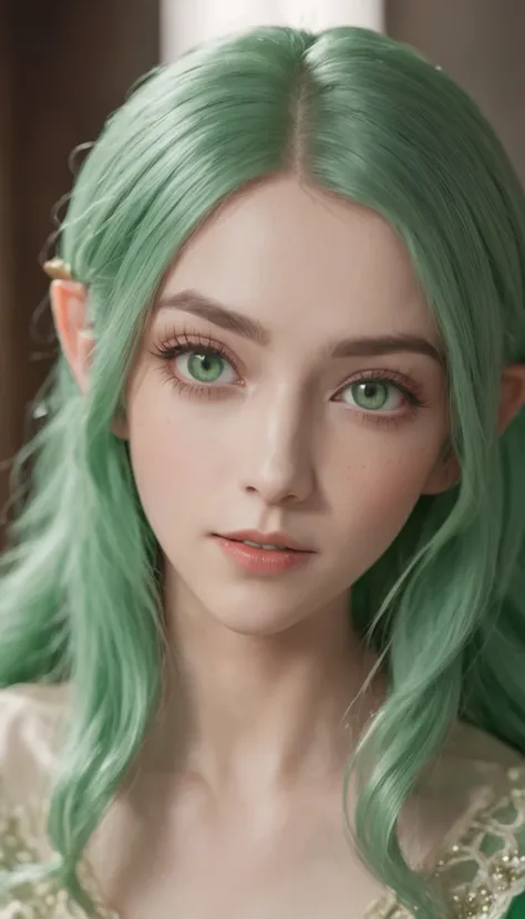 RAW, professional photograph, movie photograph, medium shot, ((Urusei Yatsura)), ((Lum)), Female elf, young elf, lying on bed, see-through, cute face, soft facial features, almond eyes, green eyes, diamond face, light skin, green hair, long hair, straight ...