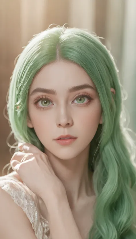 RAW, professional photograph, movie photograph, medium shot, ((Urusei Yatsura)), ((Lum)), Female elf, young elf, lying on bed, see-through, cute face, soft facial features, almond eyes, green eyes, diamond face, light skin, green hair, long hair, straight ...