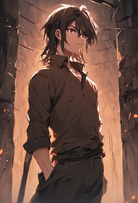 8k realistic image of handsome man, 25 years old, long brown hair, brown eyes, hateful expression, dressed in simple black casual shirt, black bandages wrapped around his arms, standing in a large rustic underground dungeon