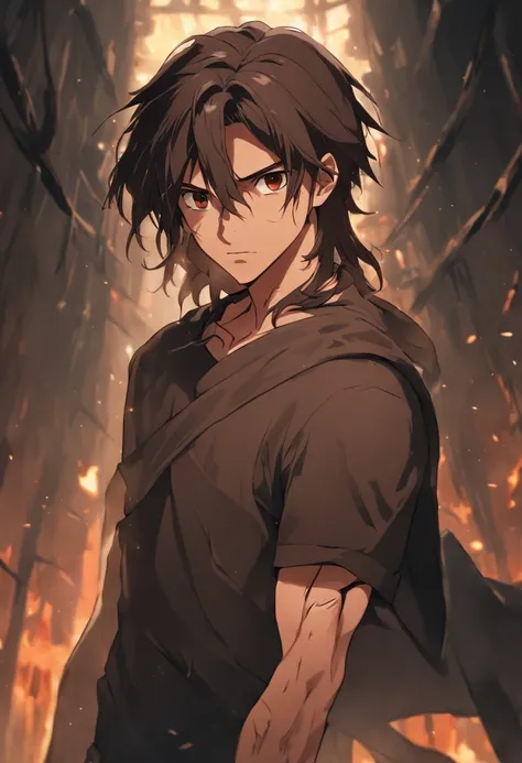 8k realistic image of handsome man, 25 years old, long brown hair, brown eyes, hateful expression, dressed in simple black casual shirt, black bandages wrapped around his arms, standing in a large rustic underground dungeon