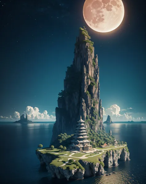 a highly detailed scene Where a lots of islands float in the sky.  8k, octane render, Intricate hyperdetails, Symmetrical, giant bright moon and vault of heaven in the background --auto