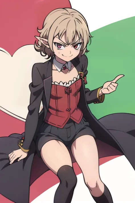 Anime character, high detail, Detailed art style, (smug smirk:1.4), vampire fangs, elf ears, short red curly hair, (flat chest:1.2), tailcoat, Short shorts, full length, the perfect body,