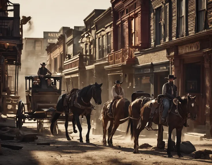 Old West -
 Two Gunslingers - One Wears a Black Cape - Say Goodbye to a Pretty Girl in front of the City Saloon - Realistic - Cinematic - Color - 4K -- ar 16:9