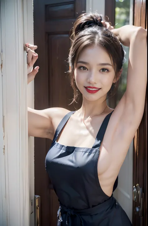 ((Leaning your face against the raised arm、Her nose is stuck to the arm、Nose close to arm、Wear a short apron naked、Apron in small size、The lower part of the chest is always visible、Visible lower chest apron、Raise your hand to show your armpits、Show underar...