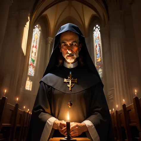 [Uma pintura realista de St. Benedict inside a candlelit church]