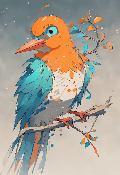 bright colored bird sitting on branch with white background, colorful bird with a long, colorido em azul-marinho e laranja, surrealistic bird, a surrealistic bird, anthropomorphic bird, arte de linha colorida, standing bird, the bird is wearing a bow tie, ...