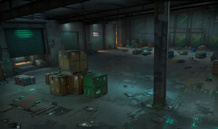 empty warehouse background with green light in the middle and background, b - game, in the game, location ( slum _ wallside ), i...