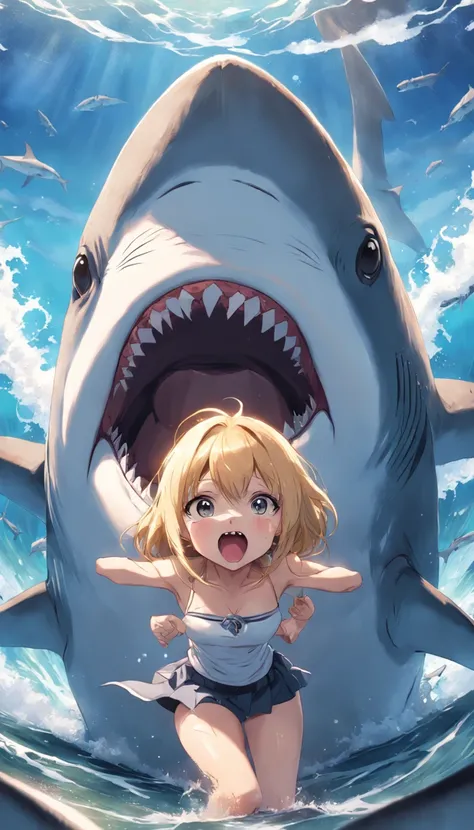 Straddling a shark、Big ocean。a blond、Head to shore。frontage。The shark is opening its mouth、