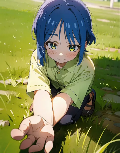 Beautiful, masterpiece, girl, Ryo Yamada, cash in hand, smirk, touching grass with another hand