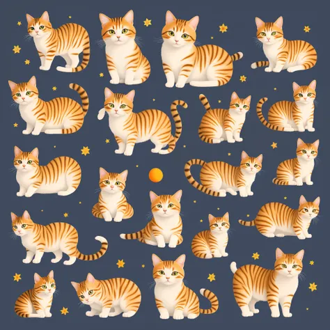 There are many different cats that are sitting together on the floor, gatos bonitos, design do gato, Gatos, Starry night sky full of cats, GatosGatosGatos, illustration of a cat, gato de gengibre, Fluffy Cat T - Design de camisa, Cartoon style illustration...