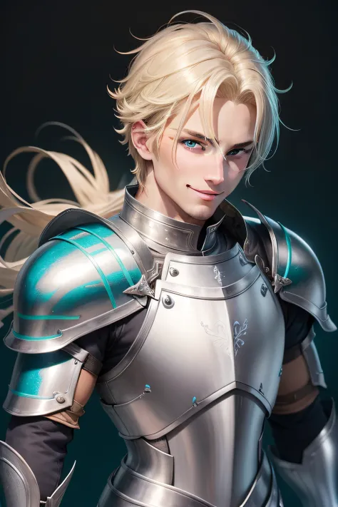 Blonde male knight with refreshing smile　blue eyess　a smile　Metallic green and silver armor　With a short sword　Round shield on the back