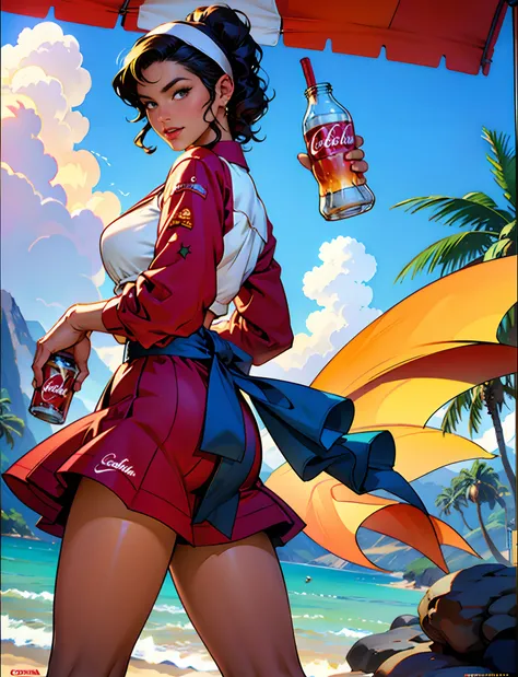 coca cola advert real magic as always five cents, in Hawaii Lahaina, in inspired by Dorothy Coke, coka-cola advertisement, drinking a bottle of coca-cola, soda themed girl, retro poster, retro ad, film noir realistic, in style of digital illustration, prom...