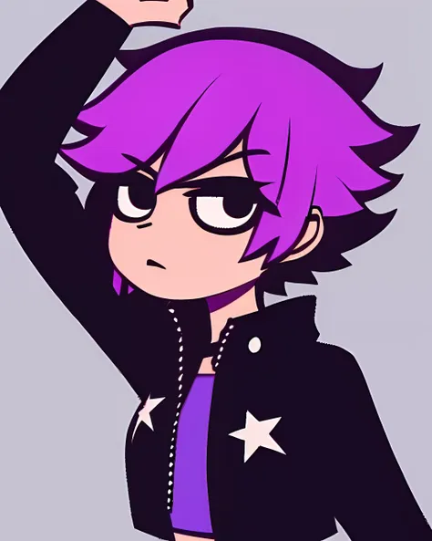 scottpilgrimvstheworld, purple hair, black jacket with a crop top underneath