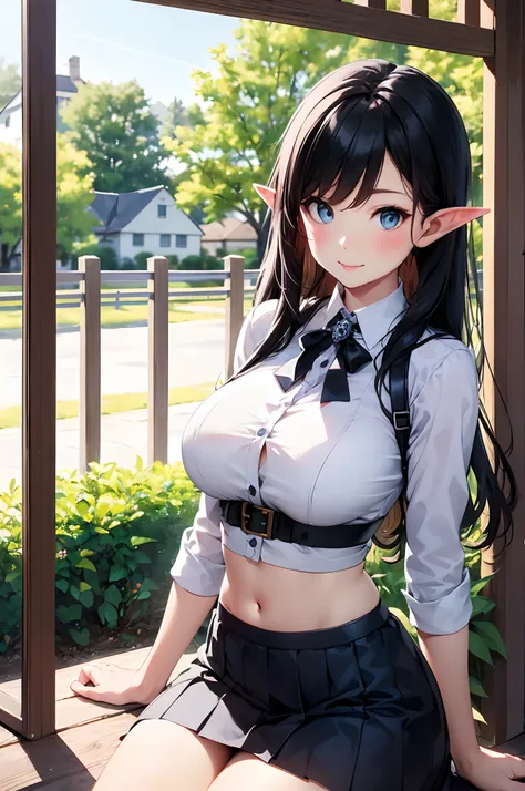 Big breasts, (best quality)), ((masterpiece)), (detailed), ((beautiful elf, solo, ethereal beauty)), fantasy illustration: 1.5), charming look, supernatural charm, mystic sky (( black hair, white streaks)) ((straight hair)) perfect eyes, has an extremely s...