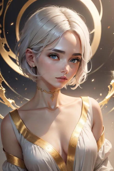 Creation God　Short-haired gray hair　Mysterious white and golden clothes　Golden long wand　Gentle expression　a cool　art by　gentle face