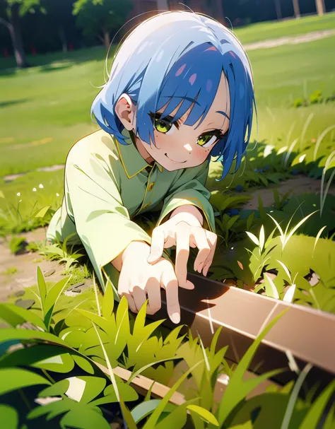 Beautiful, masterpiece, girl, Ryo Yamada, money cash in hand, smirk, touching grass with another hand