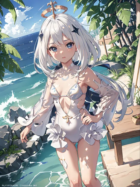 close up, 1girl, Paimon became adult, adult girl, 22 years old, (paimon genshin:1.3), (loli:1.5), (baby face:1.4), (white hair:1.4), seductive expression, slim lips, seductive pose, (swimsuit:1.3), (white bikini:1.4), beautiful swimsuit, cleavage, (tiny fl...