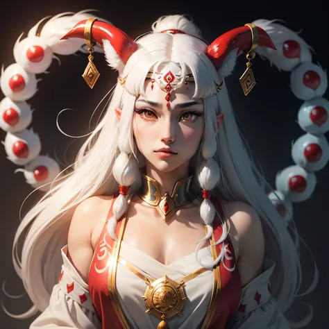 １Princess Mononokes Wolf　Holy Beast　Beautiful white hair　Golden collar with red magatama decoration