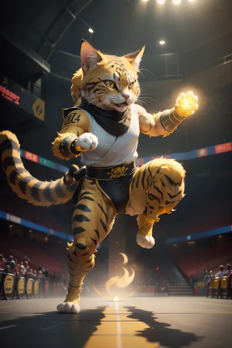 c4ttitude, yellow spotted cat, full-body furry, wearing chinese wizard outfit, focusing energy, street fighter, dramatic lighting, photorealistic, intricate, highly detailed, (detailed sports arena background:1.1), wallpaper, 8k, trending on artstation