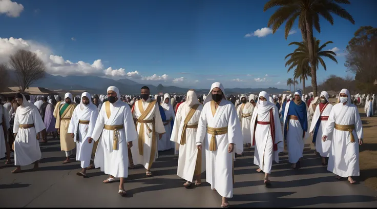 milhares de pessoas vestidas de branco andando em fila, flowing white robes, milhares de Reis antigos em vestes brancas, vestindo vestes brancas, centenas de milhares de pessoas em vestes brancas, vestidos com vestes brancas, vestes branco-douradas, invadi...