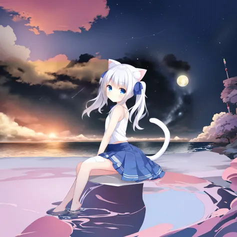 Anime girl sitting on the beach，There is a cat tail, Very beautiful anime cat girl, White Cat Girl, anime girl with cat ears, cute anime catgirl, beautiful anime catgirl, anime catgirl, style of anime4 K, anime cat, nightcore, 4K anime wallpaper, hd anime ...