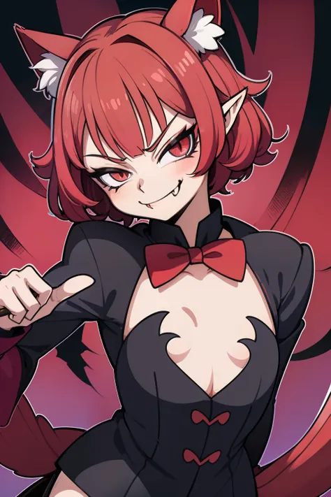 anime character, high detail, detailed art style, (smug smirk:1.4), vampire fangs, elf ears, short red curly hair, (flat chest:1...