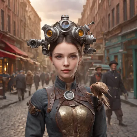 (professional 3d render:1.3) af (Realistic:1.3) most beautiful artwork photo in the world，Features soft and A steampunk inventor time traveler with a mechanical parrot on her shoulder, scarlett johansson, full body view, seeing camera,standning urban steam...