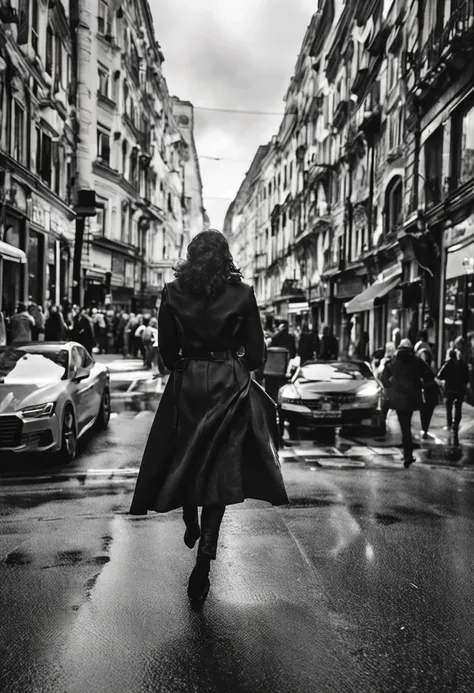 black and white photography olga karlovac style, street full of people , everybody in high speed motion blur , a sharped woman in perfect focus in the middle of the street looks at the camera , general view, wide angle lens, dramatic light, o