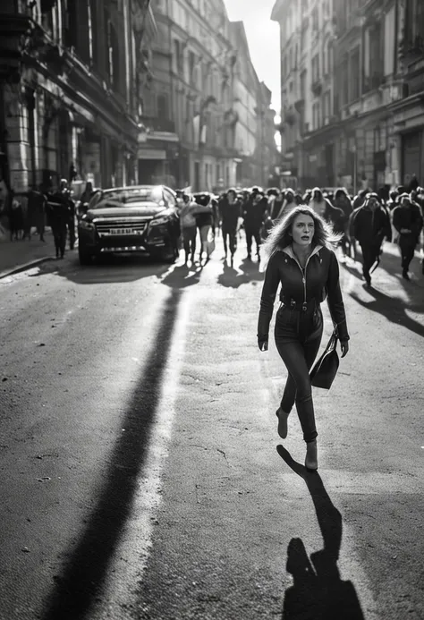 black and white photography olga karlovac style, street full of people , everybody in high speed motion blur , a sharped woman in perfect focus in the middle of the street looks at the camera , general view, wide angle lens, dramatic light, o