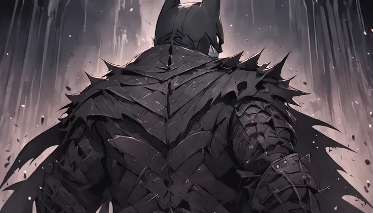 "Batman Viking with the face of the jester, Left smile, blood tears, dark, exceptional quality, multiple facial scars, back view, Batman who laughs, dark Viking armor, Gothic style, grayscale."