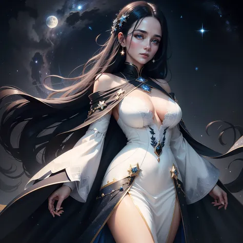 The background is a starry sky and a bright moon，A mature woman with black shawl hair，blue color eyes，Wearing a white coat，Black neck collar，On the left chest is a magic array pattern，On the right chest is a logo formed by the word lyc