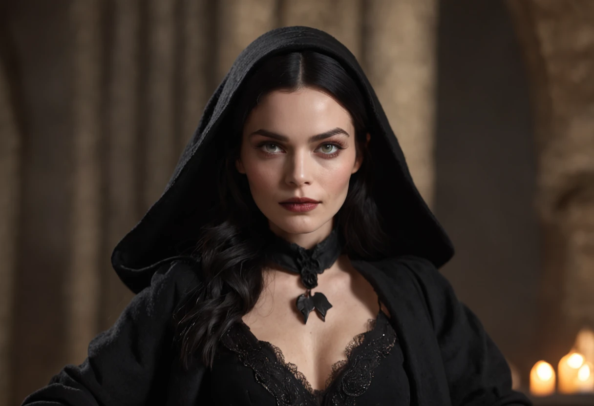 medieval wicked sorceress  Margot Robbie with black hair dressed in a medieval black robe and black witch hat, sitting on a throne, perfect face, perfect eyes, dark tower lt by candles, perfect face, perfect eyes, 80s dark fantasy movie