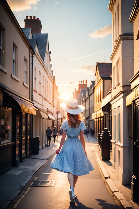 Back girl walking in old London and cafes, Light blue summer dress with white polka dots by dress, in white hat, detalhado, cinematic lighthing, Golden sky as sunset