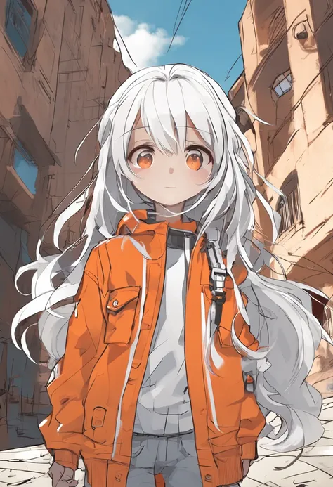 Little girl with long white hair wearing an orange jacket with white pants blue eyes manga style walking