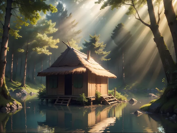 Small hut middle of a forest,drowning sun rays,realistic,Ultra HD Quality