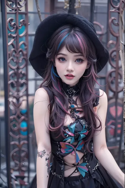 en un hermoso parque una mujer de aspecto moderno. it has a very colorful and striking kawaii gothic style.., con un maquillaje ...