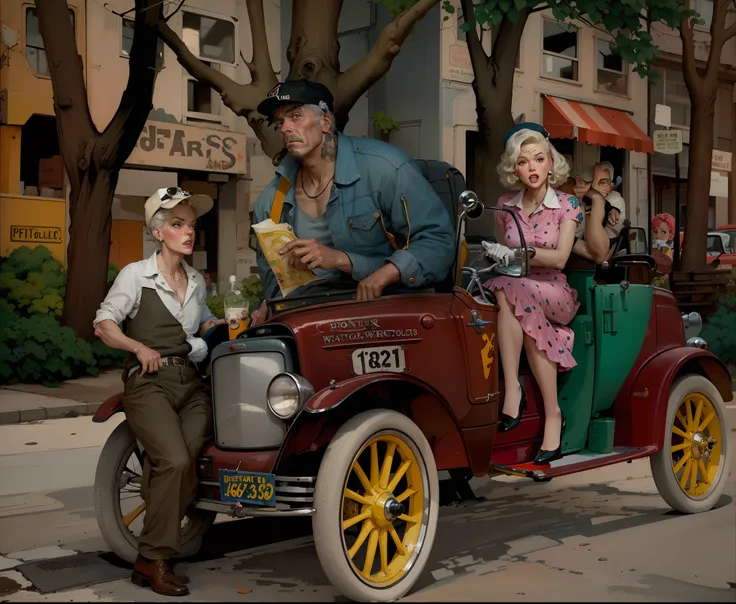 there is a man and woman sitting in a car with a dog, colorized background, colourized, colorized photo, by art fitzpatrick, col...