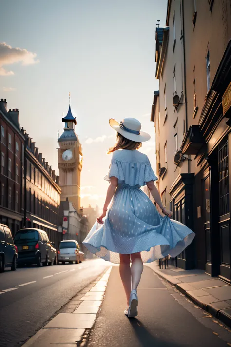 Back girl walking in old London with medium-sized buildings and coffee tables on the street, Light blue summer dress with white polka dots per dress, in white hat, detalhado, cinematic lighthing, Golden sky as sunset