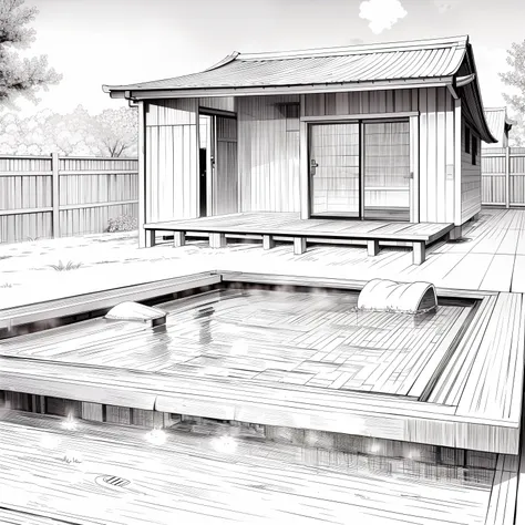 Architectural line drawings，log cabin，Two small pools next to it