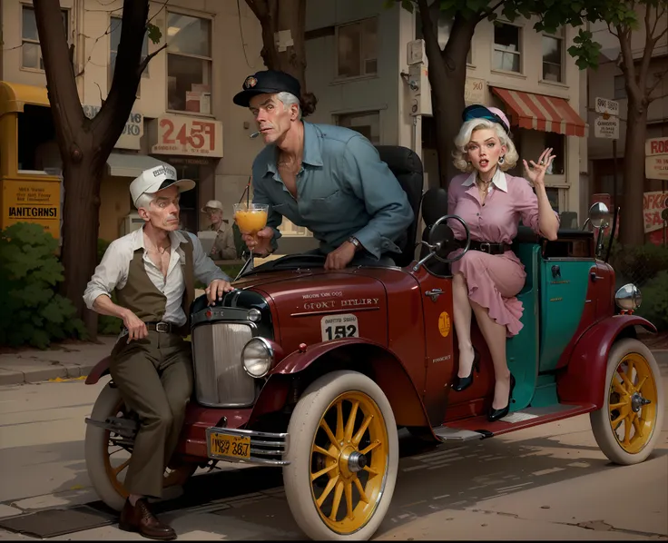 there is a man and woman sitting in a car with a dog, colorized background, colourized, colorized photo, by art fitzpatrick, col...