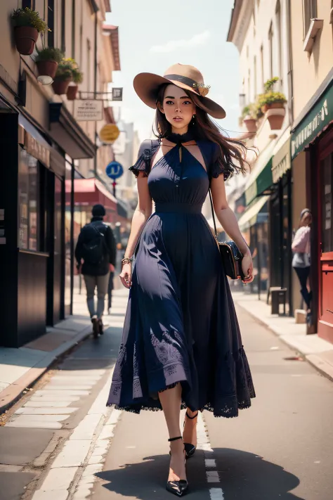 Araffe walking down a street with a hat and dress, Ruas de nova york 1869 no fundo, Shutterstock, vagando pela cidade, Wearing a flowing dress, em londres, wearing a flowing sundress, usando um vestido azul escuro, standing in a city street, usando um vest...