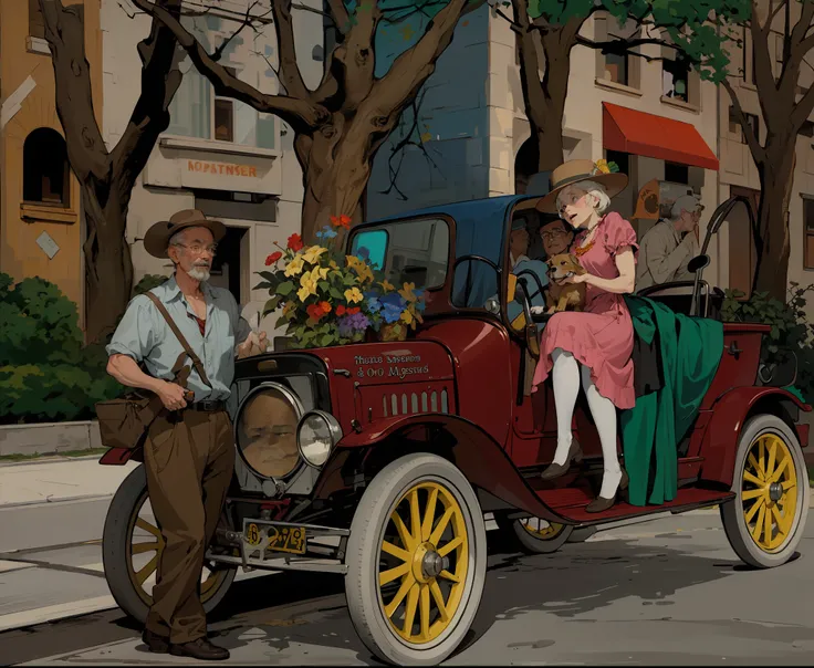 there is a man and woman sitting in a car with a dog, colorized background, colourized, colorized photo, by Art Fitzpatrick, colorized, inspired by Austin Briggs, ( art fitzpatrick ), digitally colored, norman rockwell style, inspired by Henry Justice Ford...