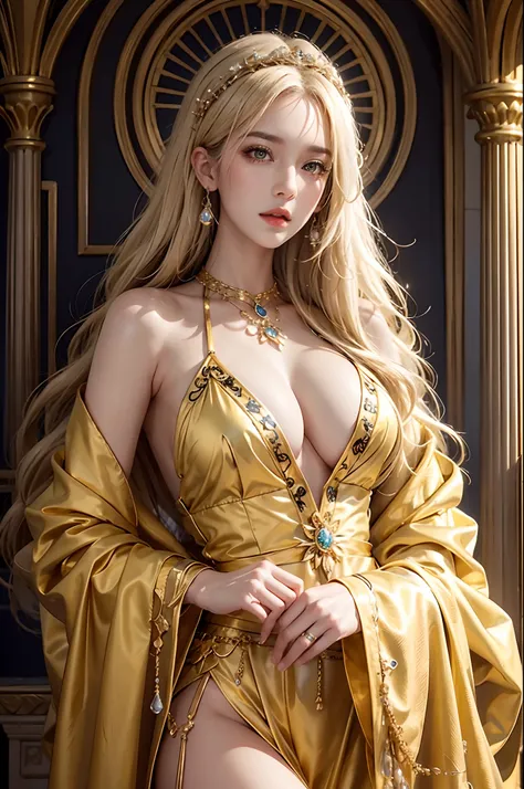 ultra detailed 8k cg,intricate detail,delicate patern,jewelry,gem,gold,golden,gold theme,shiny,glint,sparkle,blonde hair,yellow cloak,yellow eyes,rich,prestige,gothic architecture,(topless:1.1),