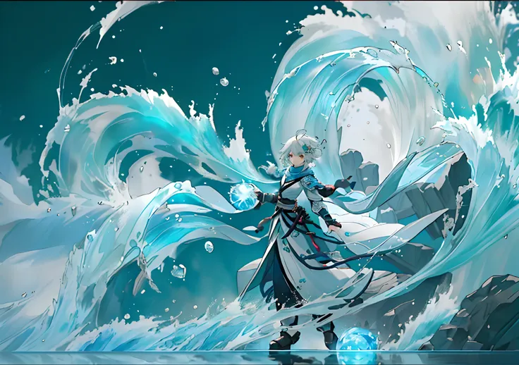 White-haired anime girl,(((one hand Holding a water ball))) , a sorceress casting a ice ball, Splash art anime Loli, Anime girl walking on water, with ice powers, Epic anime style, High quality anime art style, ice spell, anime style character, made with a...