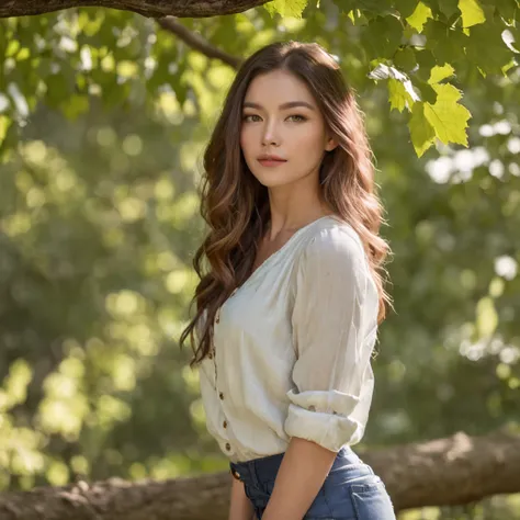 A breathtaking portrait of a girl wearing a white shirt and blue pants. Her serene expression and the soft breeze tousling her hair give a sense of tranquility. Surround her with dappled sunlight filtering through the leaves of an ancient oak tree. Photo t...