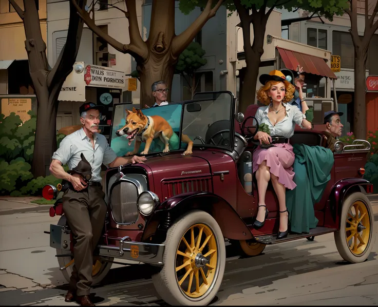 there is a man and woman sitting in a car with a dog, colorized background, colourized, colorized photo, by Art Fitzpatrick, colorized, inspired by Austin Briggs, ( art fitzpatrick ), digitally colored, norman rockwell style, inspired by Henry Justice Ford...