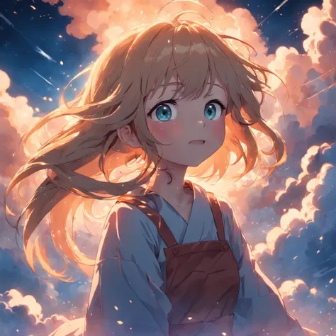 masterpiece, best quality, movie still, 1girl, cloud girl, floating in the sky, close-up, bright, happy, warm soft lighting, sunset, (sparks:0.7)